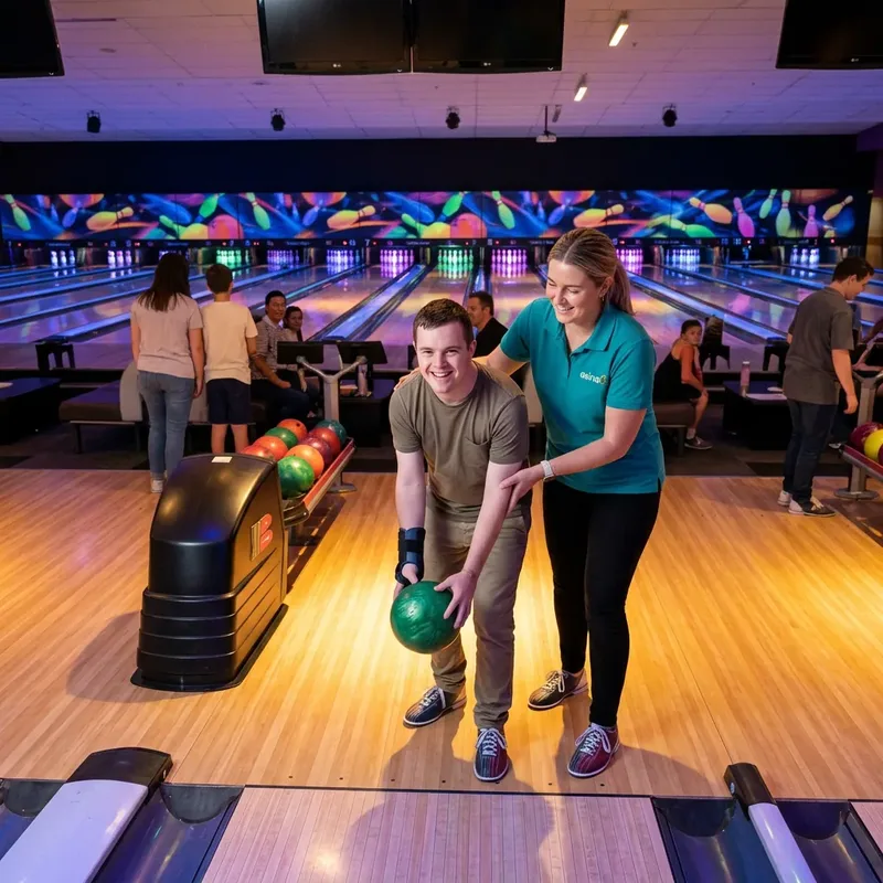 Community access bowling outing with Asina Disability Support worker and NDIS participant in Newcastle NSW